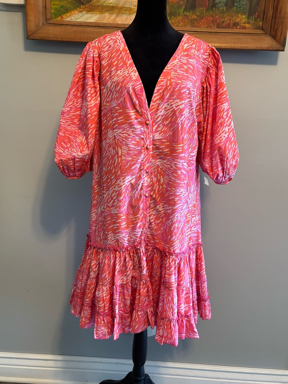 Kleid For Her Pink Printed V-Neck Button Up Ruffle Hem Mini Dress Size XL